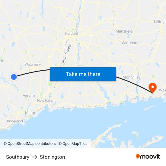 Southbury to Stonington map