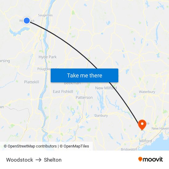 Woodstock to Shelton map