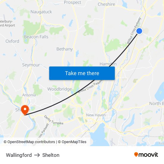 Wallingford to Shelton map