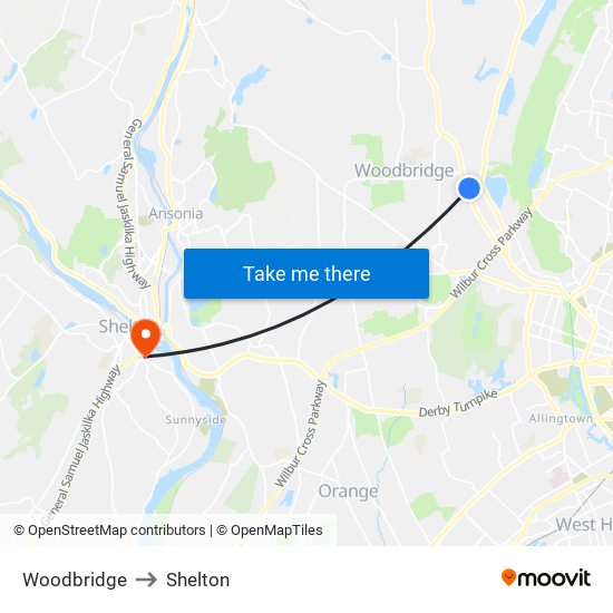 Woodbridge to Shelton map