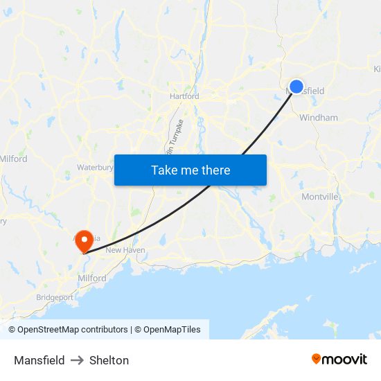 Mansfield to Shelton map