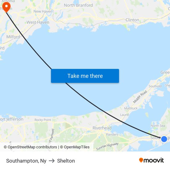 Southampton, Ny to Shelton map