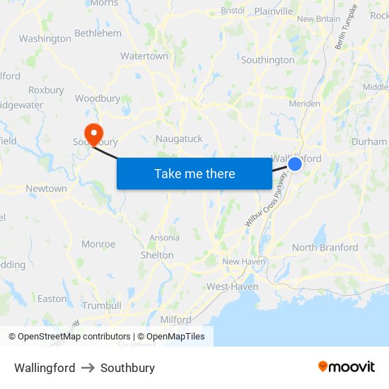 Wallingford to Southbury map