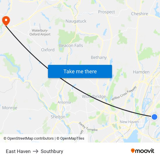 East Haven to Southbury map