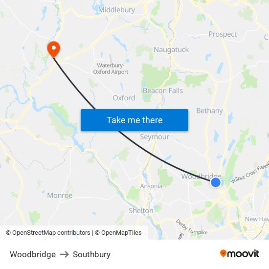 Woodbridge to Southbury map