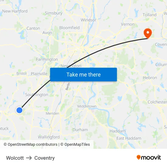 Wolcott to Coventry map