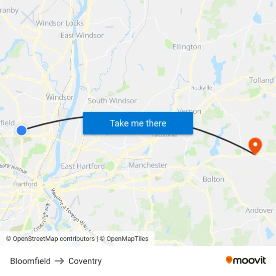 Bloomfield to Coventry map