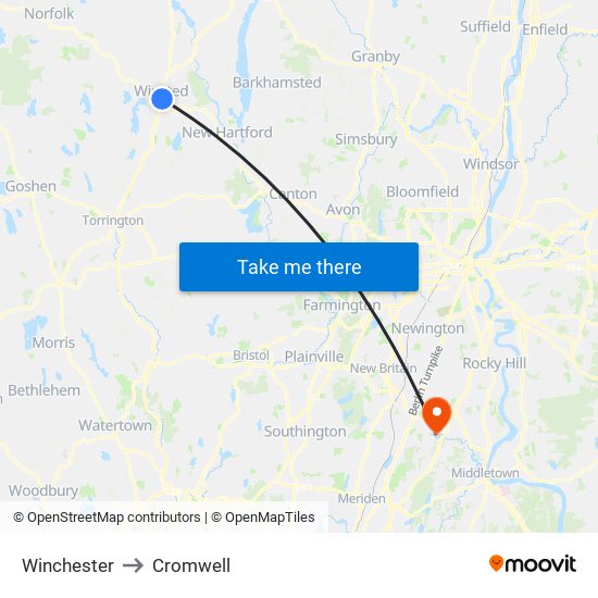 Winchester to Cromwell map