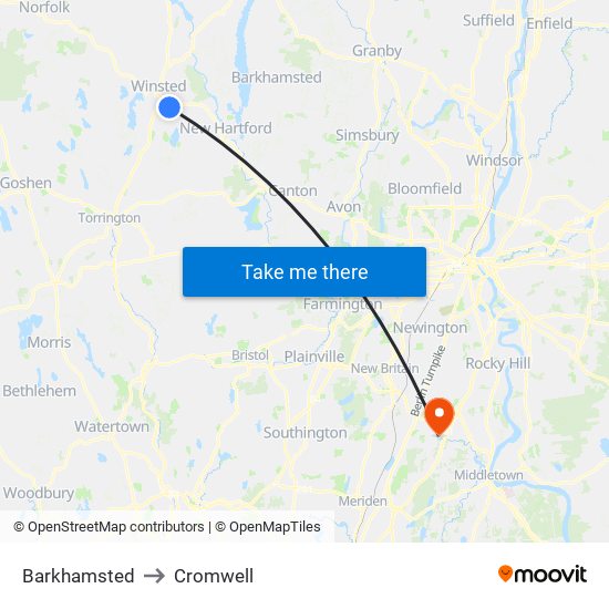 Barkhamsted to Cromwell map