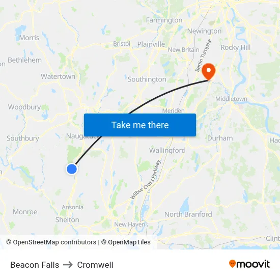 Beacon Falls to Cromwell map