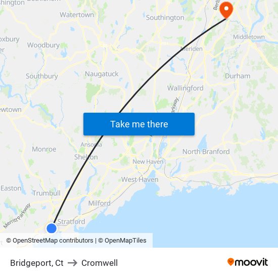 Bridgeport, Ct to Cromwell map