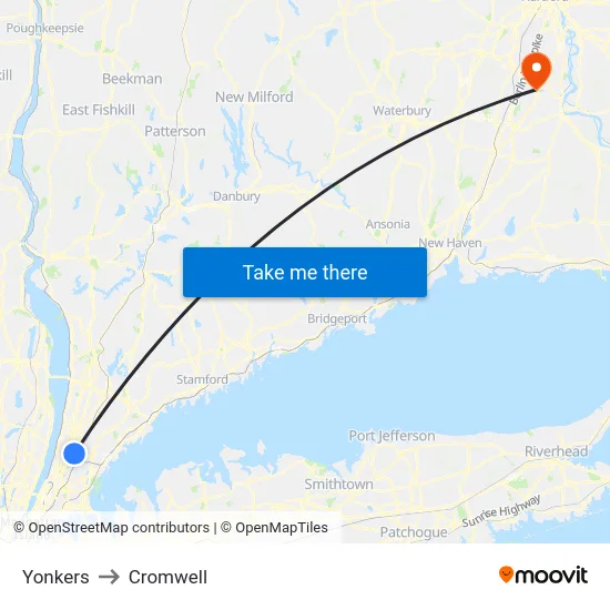 Yonkers to Cromwell map