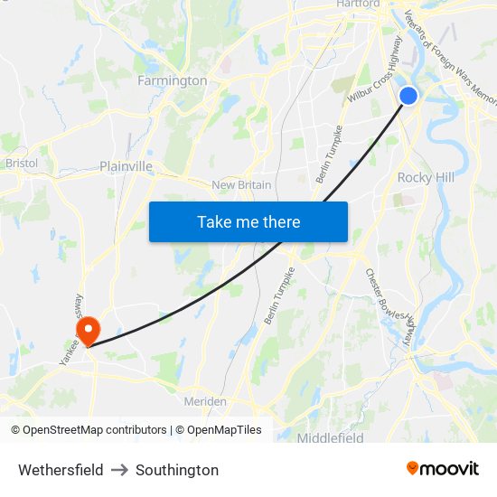 Wethersfield to Southington map