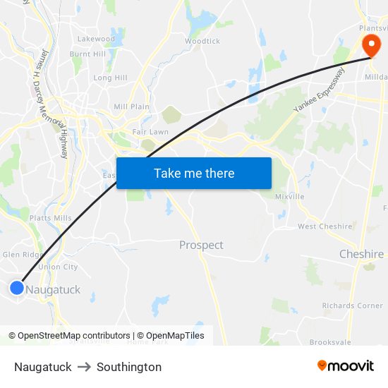 Naugatuck to Southington map