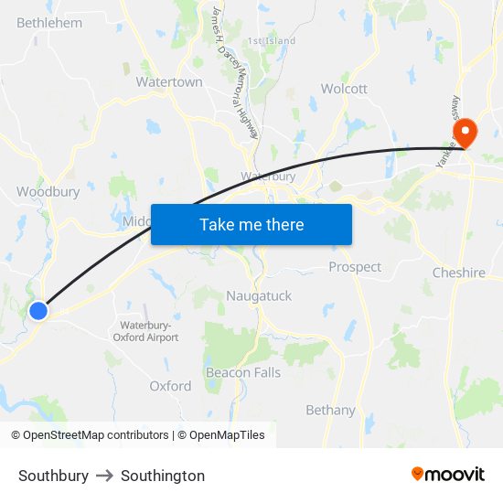 Southbury to Southington map