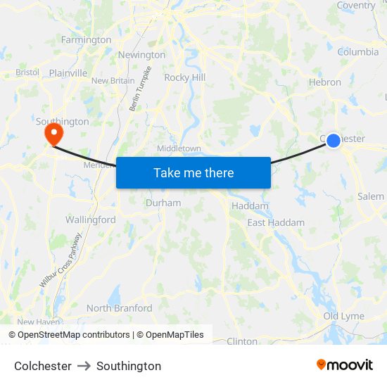 Colchester to Southington map