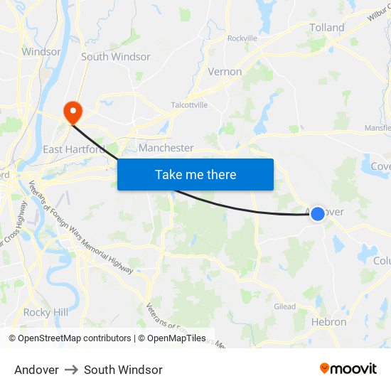 Andover to South Windsor map