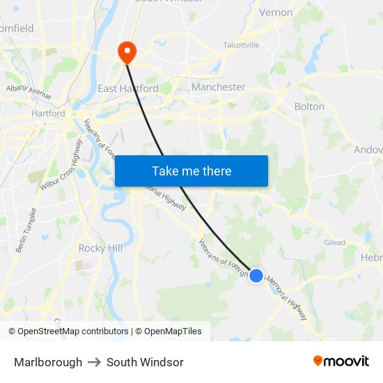 Marlborough to South Windsor map