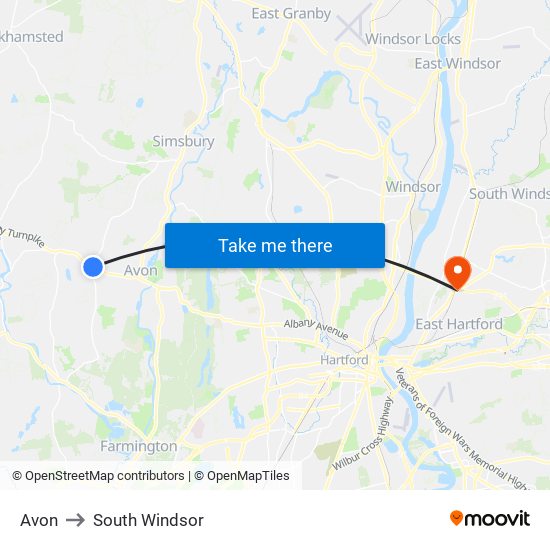 Avon to South Windsor map