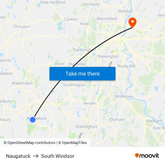 Naugatuck to South Windsor map