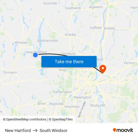 New Hartford to South Windsor map