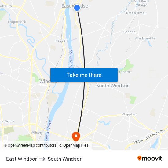 East Windsor to South Windsor map