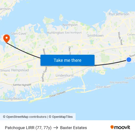 Patchogue LIRR (77, 77y) to Baxter Estates map