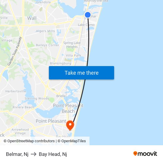 Belmar, Nj to Bay Head, Nj map