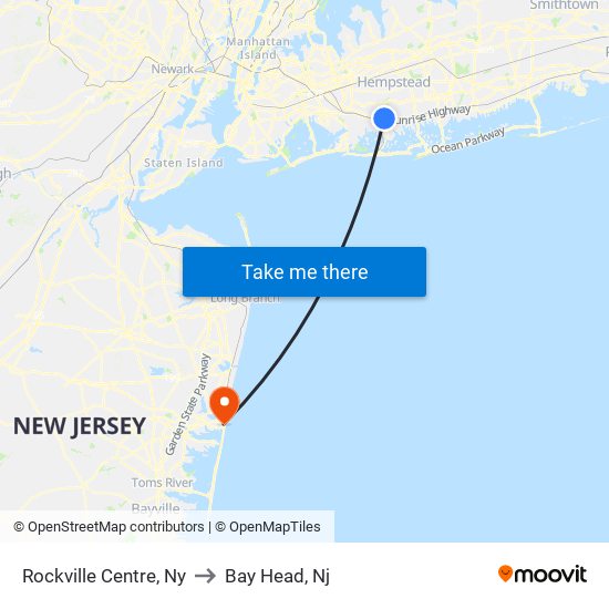 Rockville Centre, Ny to Bay Head, Nj map