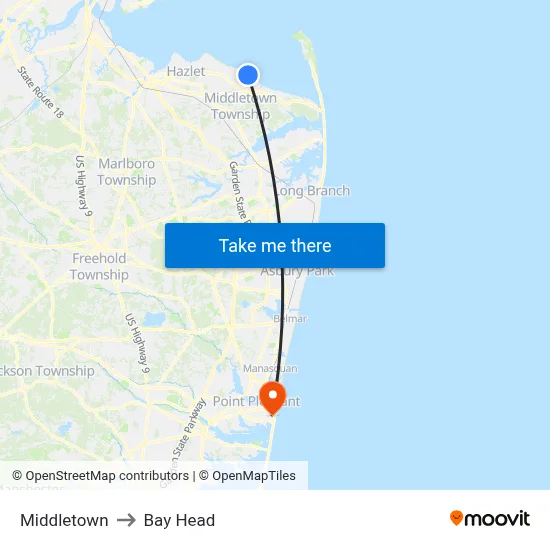 Middletown to Bay Head map