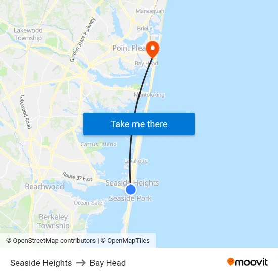 Seaside Heights to Bay Head map