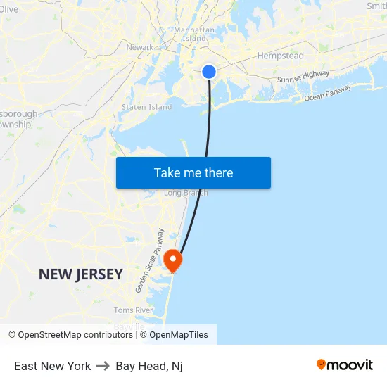 East New York to Bay Head, Nj map