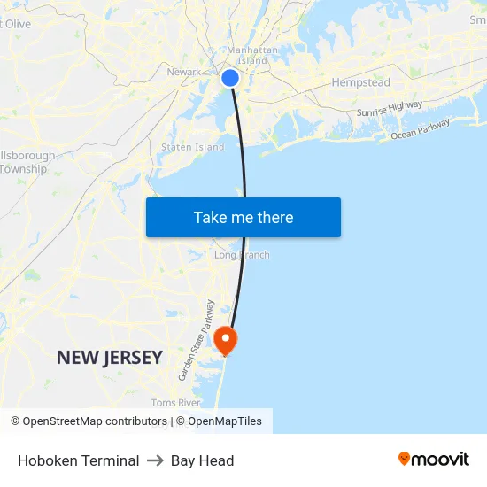Hoboken Terminal to Bay Head map