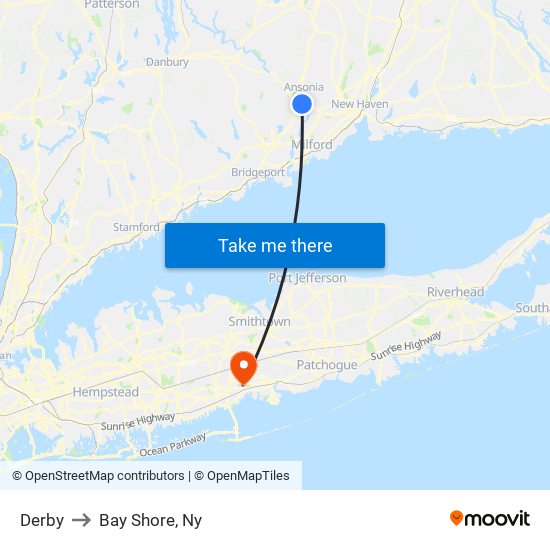 Derby to Bay Shore, Ny map