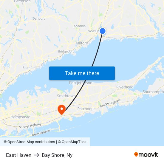 East Haven to Bay Shore, Ny map