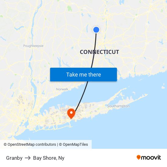 Granby to Bay Shore, Ny map