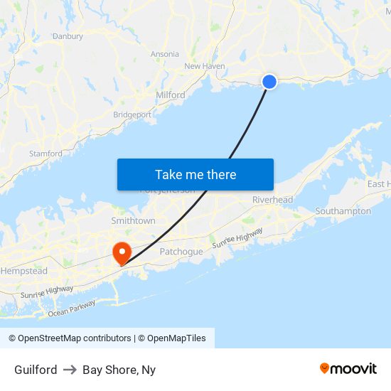 Guilford to Bay Shore, Ny map