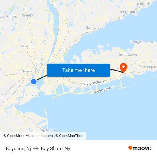 Bayonne, Nj to Bay Shore, Ny map