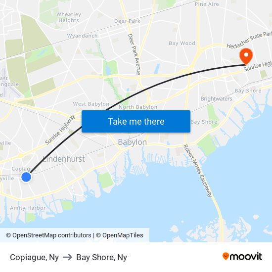 Copiague, Ny to Bay Shore, Ny map