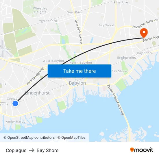 Copiague to Bay Shore map