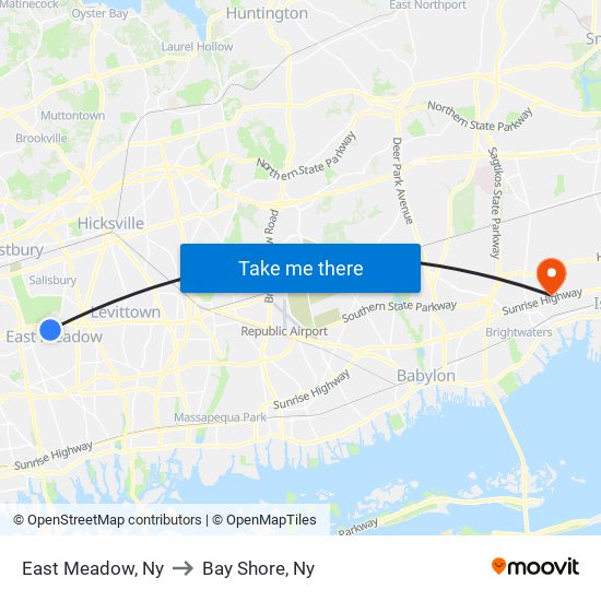 East Meadow, Ny to Bay Shore, Ny map