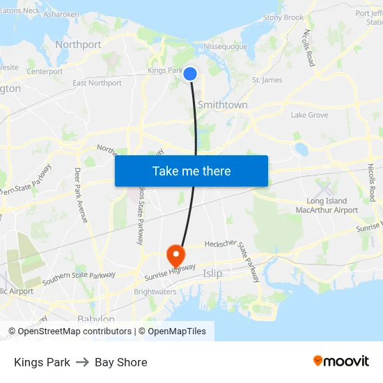 Kings Park to Bay Shore map