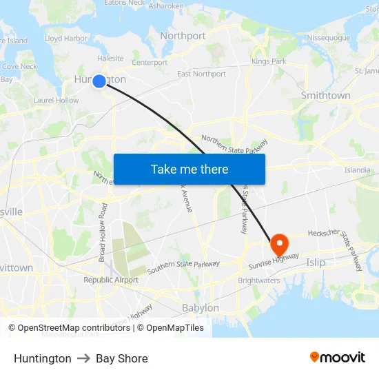 Huntington to Bay Shore map