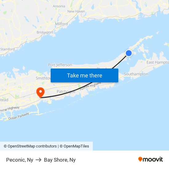 Peconic, Ny to Bay Shore, Ny map