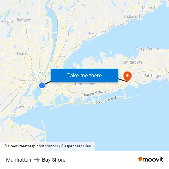 Manhattan to Bay Shore map