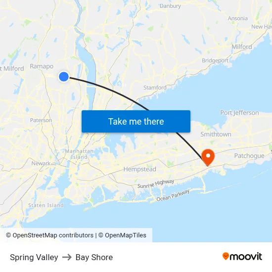 Spring Valley to Bay Shore map
