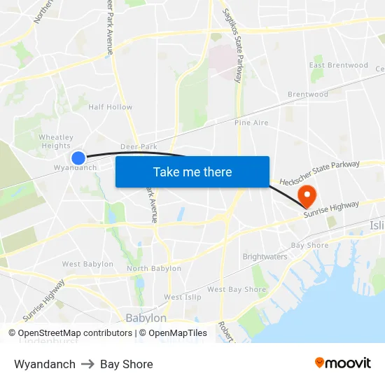 Wyandanch to Bay Shore map