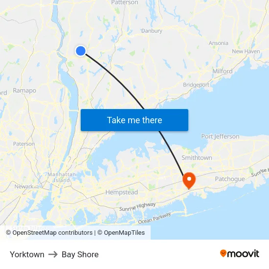 Yorktown to Bay Shore map