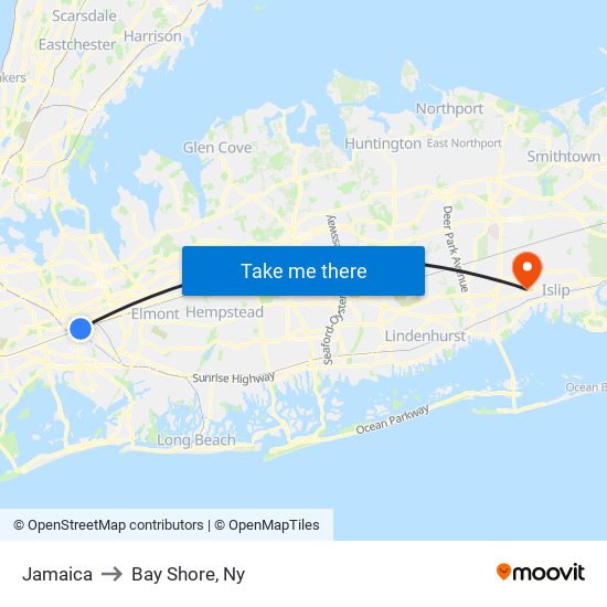 Jamaica to Bay Shore, Ny map