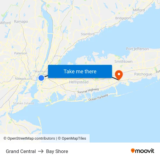 Grand Central to Bay Shore map